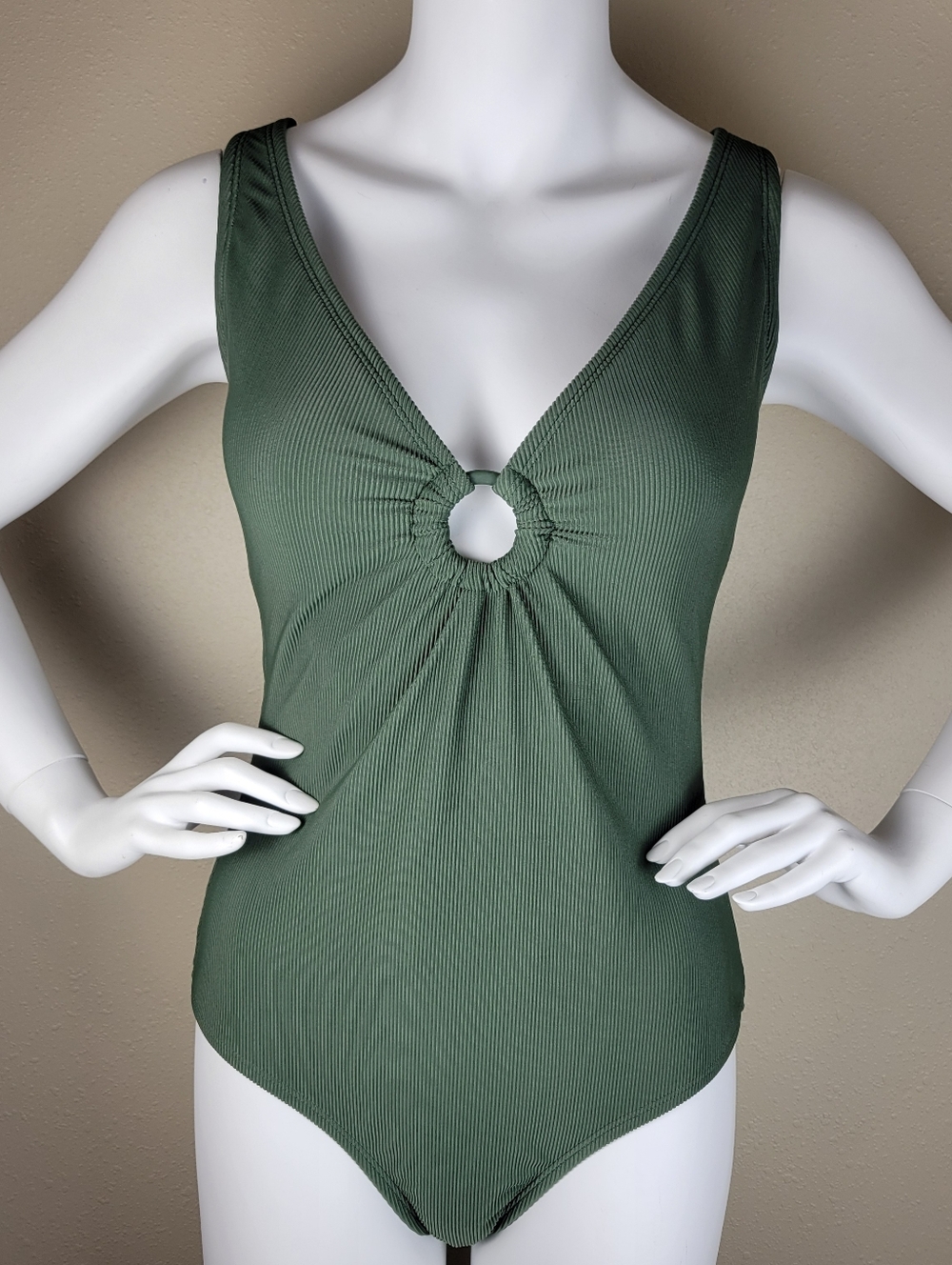 NEW Shade & Shore Olive Green Ring Detail One-Piece Swimsuit Size Medium